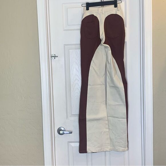 EGO Shea High Waist Panel Detail Straight Leg Trousers In Brown And Cream Nude - Picture 12 of 12